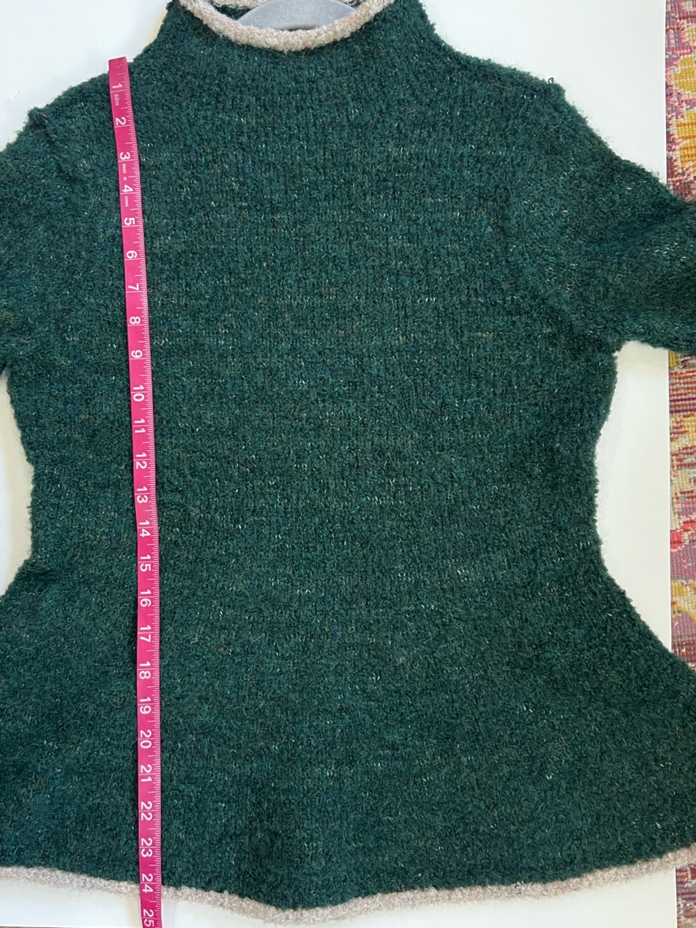Pilcro Dark Green Mock Neck Peplum Sweater with Cream Contrast Trim - Picture 12 of 12